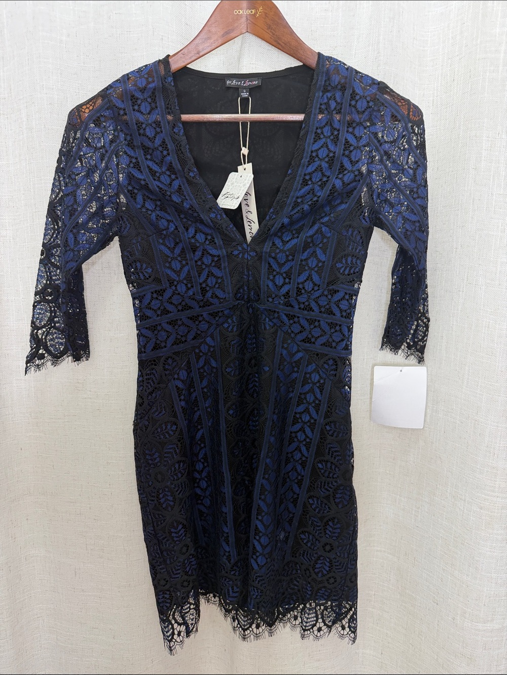 Anthropologie For Love And Lemons Blue & Black Lace V-Neck Sheath Dress NWT
